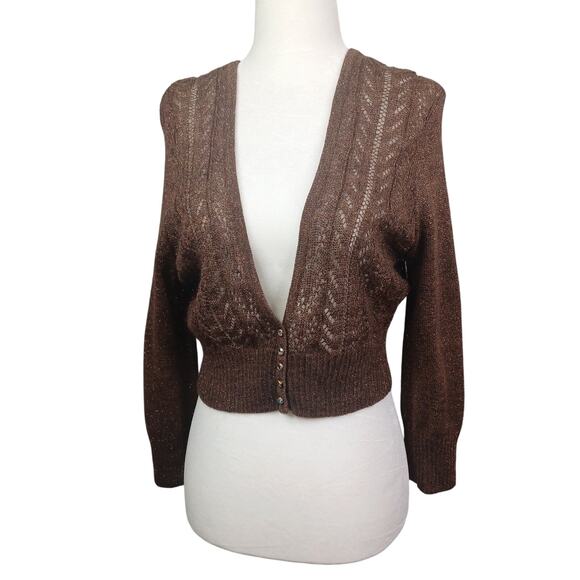 Vintage Express Mohair Alpaca Cardigan Women L Brown Metallic Cropped Y2K Wool - Picture 1 of 13